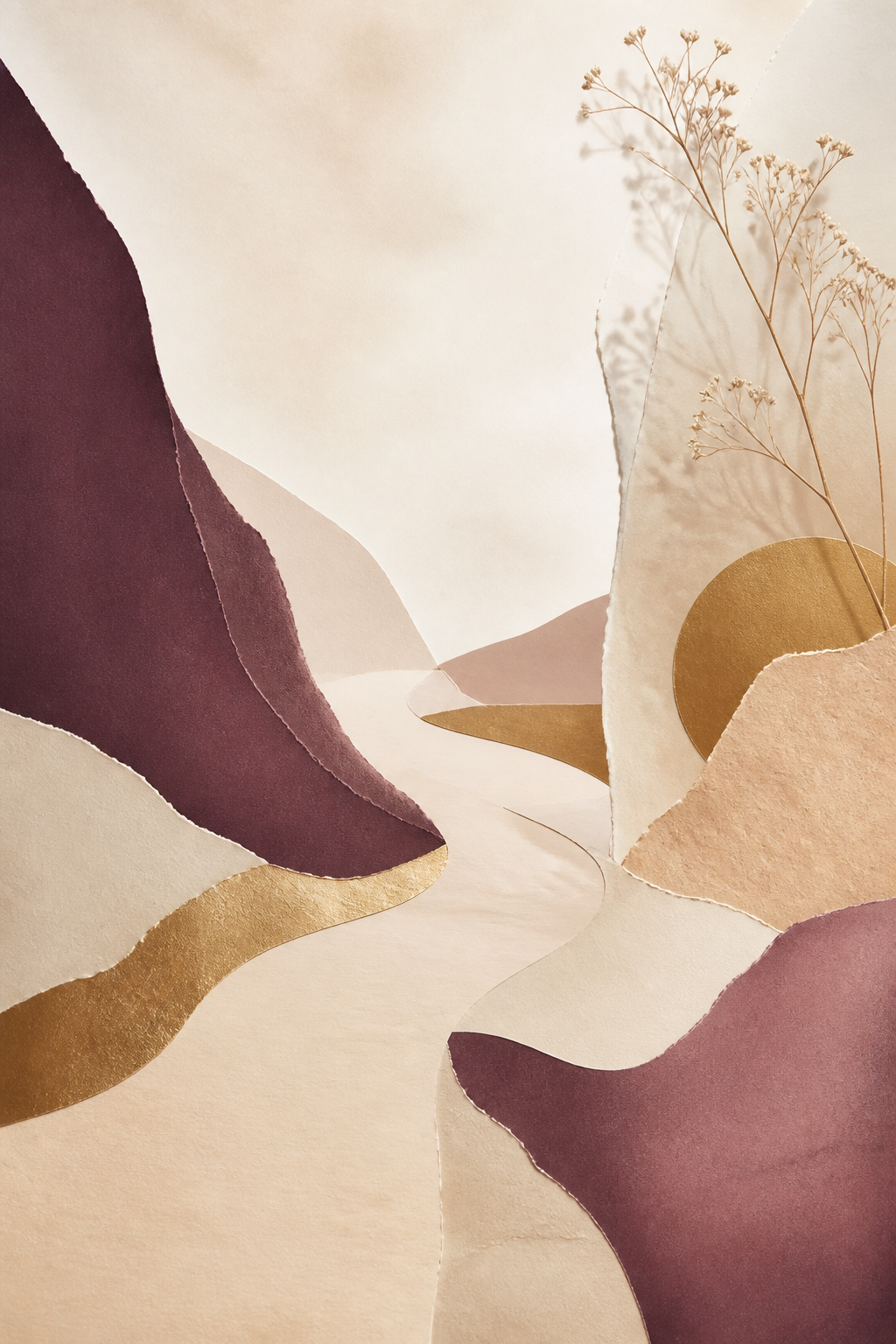 Abstract cream, plum, and gold paper landscape
